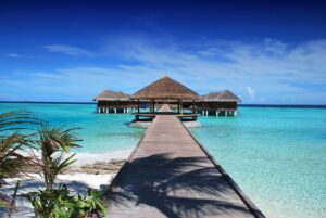 caribbean bungalows over water